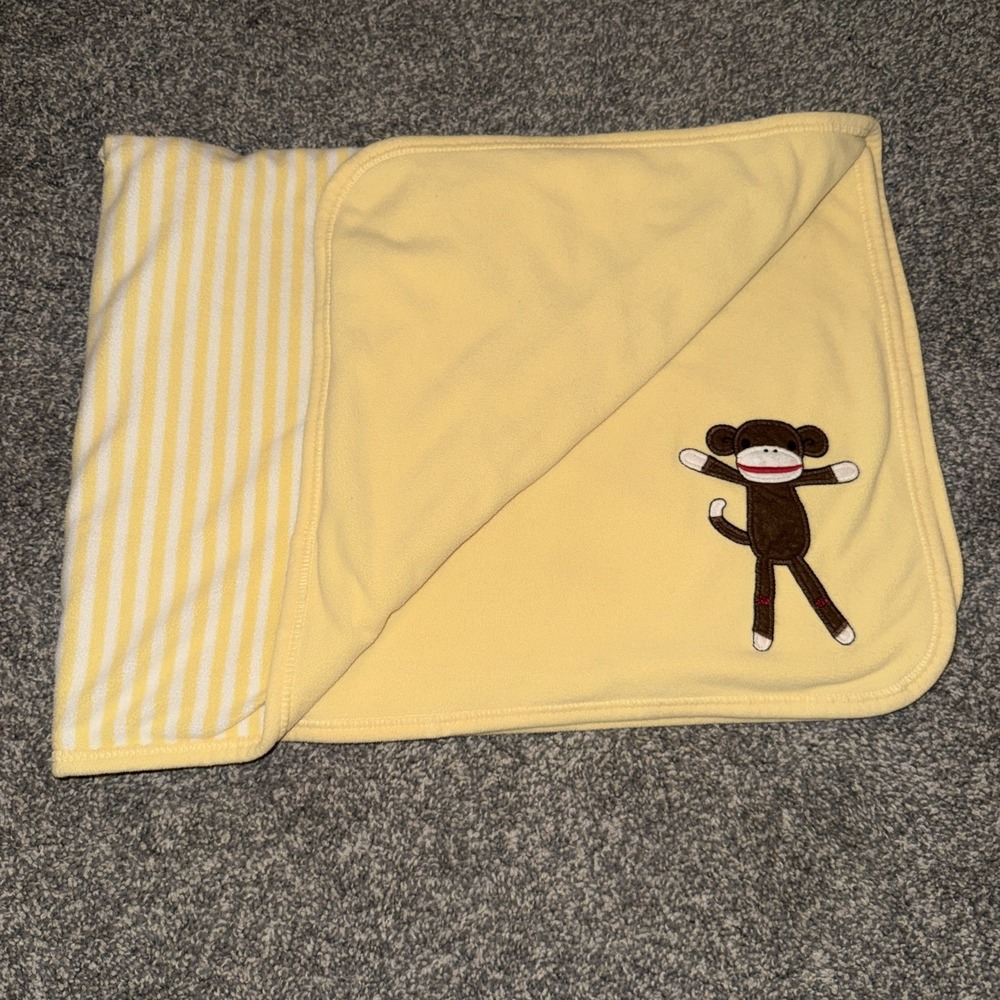 Vtg Gymboree Sock Monkey & Friends Yellow White Stripe Baby Blanket 2004 EUC